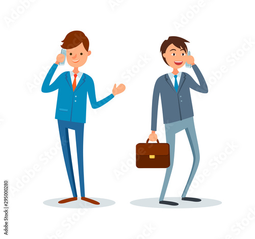 Consultants at work get business calls. Businessman talking on cell mobile phone with clients vector. Person busy with work, boss solving problems, executives