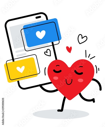 Vector illustration of red smiling heart with smart phone on whi
