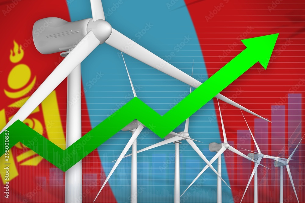 Fototapeta premium Mongolia wind energy power rising chart, arrow up - modern natural energy industrial illustration. 3D Illustration