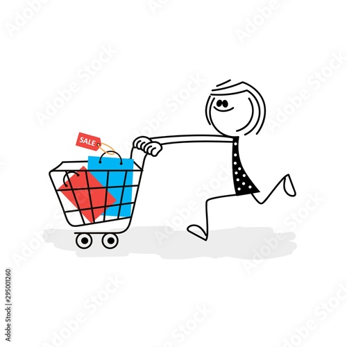 Shopping marathon. Girl running. Vector.