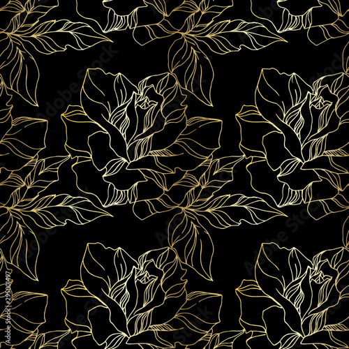 Vector Rose floral botanical flowers. Black and gold engraved ink art. Seamless background pattern.