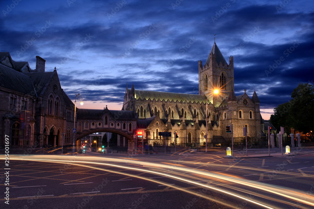 Exterior view of the Christ Church Cathedral and Dublinia during sunset