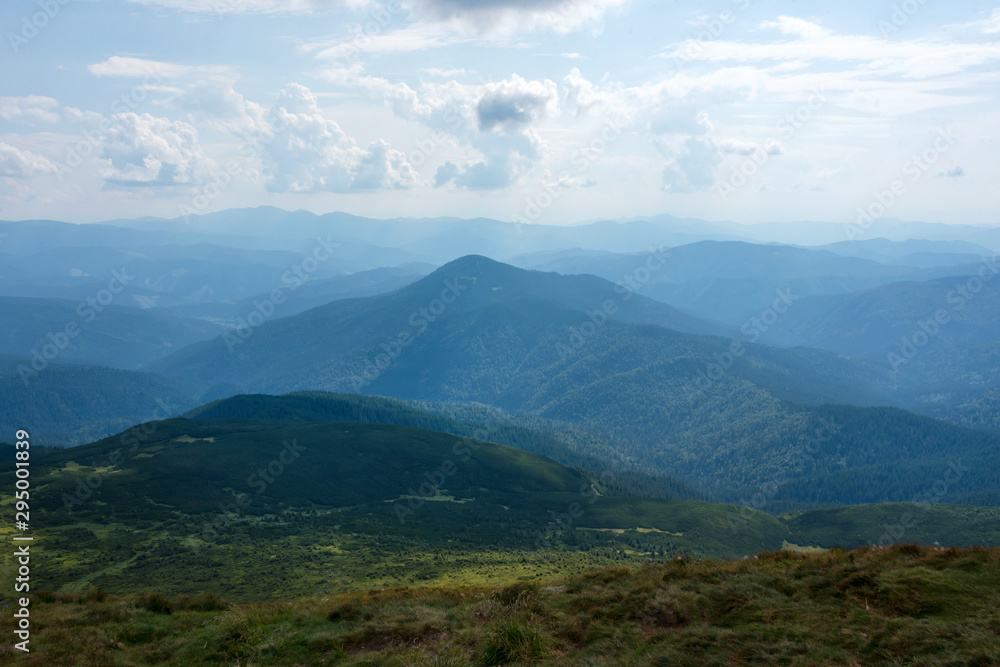 Summer landscape in the Carpathian mountains. View from the mountain peak Hoverla. Ukrainian mountain Carpathian Hoverla, view from the top.