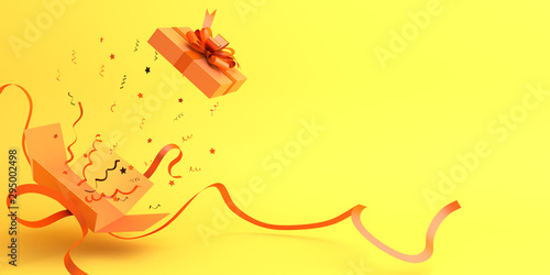 Happy Halloween or autumn decoration background with flying opened gift box and confetti on orange background, copy space text area. 3D rendering illustration. photo