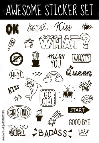 Awesome sticker collection in trendy hand drawn style. Vector eps10.