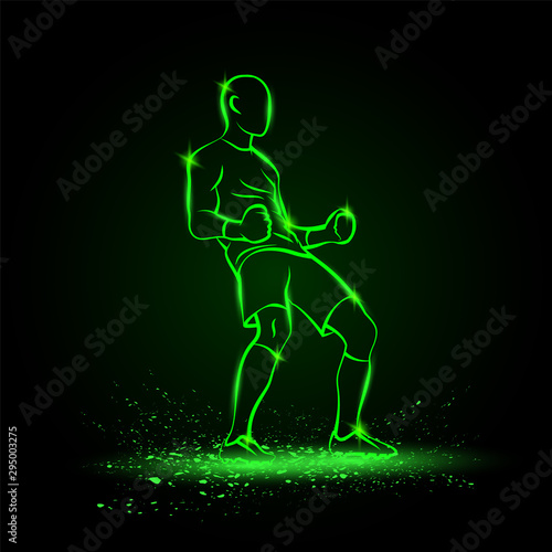 Soccer winner gesture silhouette of a football player. Vector green neon sport victory illustration.