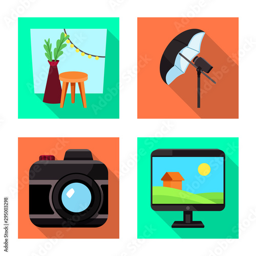 Vector illustration of photoshoot and work logo. Collection of photoshoot and hobbies stock symbol for web.