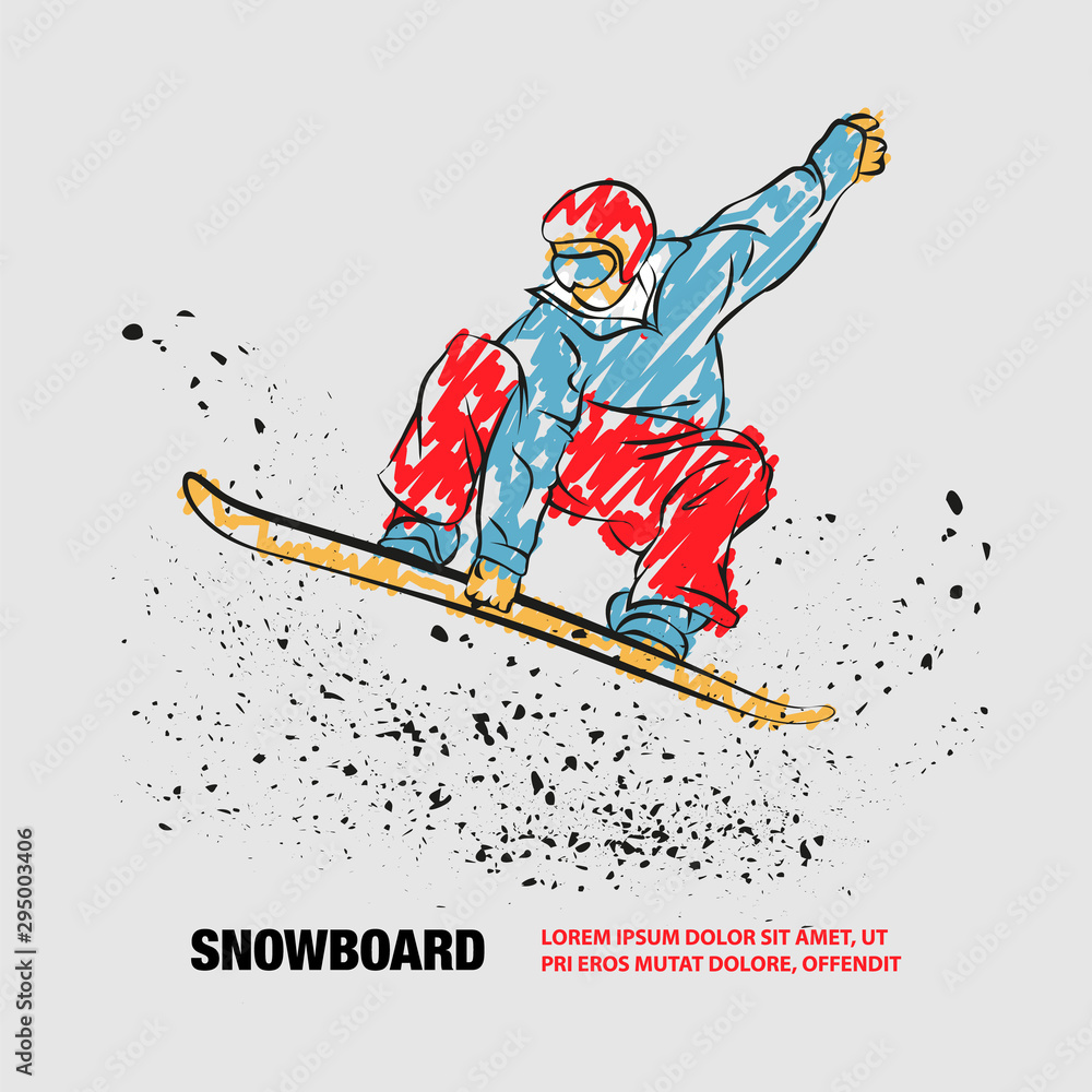 Snowboarder jumping with grab position. Vector outline of Snowboarder with scribble doodles.