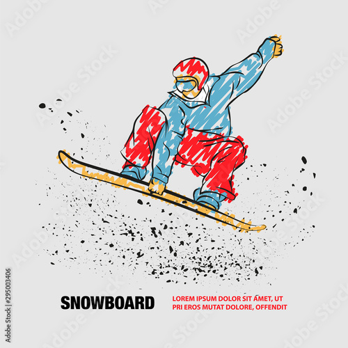 Snowboarder jumping with grab position. Vector outline of Snowboarder with scribble doodles.