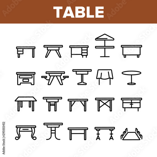 Table Desk Collection Elements Icons Set Vector Thin Line. Antique And Modern, Kitchen And Office, Round And With Umbrella Table Concept Linear Pictograms. Monochrome Contour Illustrations