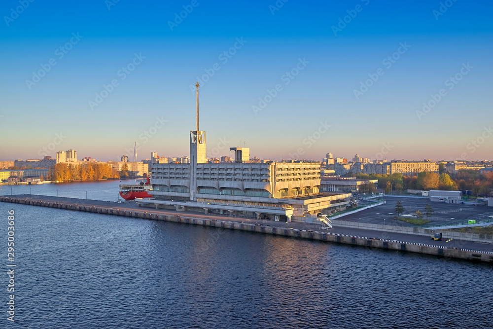 View of the building of the sea station of St. Petersburg from the Gulf of Finland, early morning