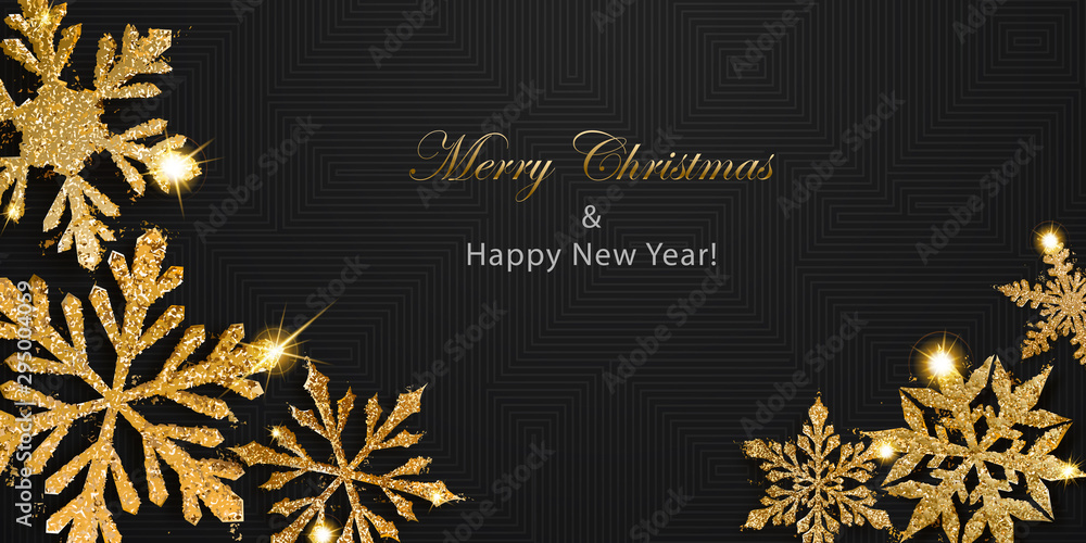 Vector illustration of beautiful shiny complex Christmas snowflakes made of sparkles in golden colors with shadows on dark background Vector illustration of beautiful shiny complex Christmas snowflakes made of sparkles in golden colors with shadows on dark background