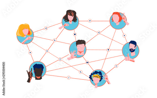 Referral network program marketing concept. Refer a friend - business strategy. Faces different nationalities and cultures gesticulate hands. Social networks, communication via mobile phone, web chats