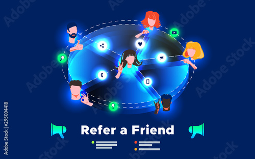 Fototapeta Naklejka Na Ścianę i Meble -  Referral network program marketing concept. Refer a friend - business strategy. Faces different nationalities and cultures gesticulate hands. Social networks, communication via mobile phone, web chats