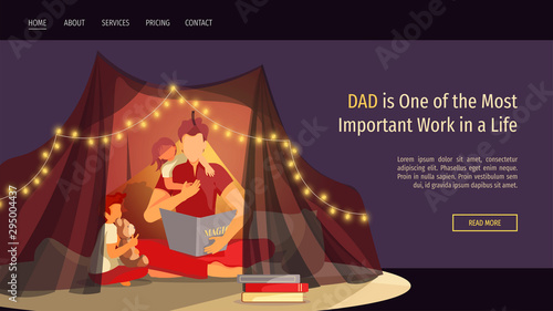 Web page design for Happy family, Childhood, Parenthood, Cozy. Father and children are sitting in a tent and reading book. Vector illustration for poster, banner and website development.