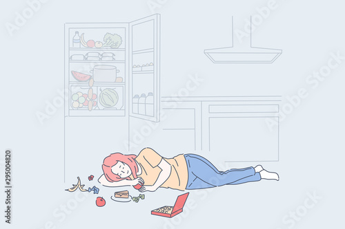 Diet end, cheat meal day concept. Woman eating tasty nutritious food lying on floor near open fridge, young girl enjoying candies, cake piece, sweet fruits. Simple flat vector