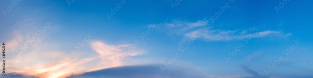 Fototapeta premium Panorama of Dramatic vibrant color with beautiful cloud of sunrise and sunset. Panoramic image.