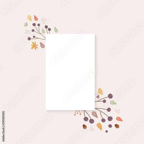 Autumn background. Hand drawn elements frame with autumnal colors on cream background. Fruits, seeds, flowers, leaves, mushrooms, branch, acorns around a rectangle. Vector illustration, flat design