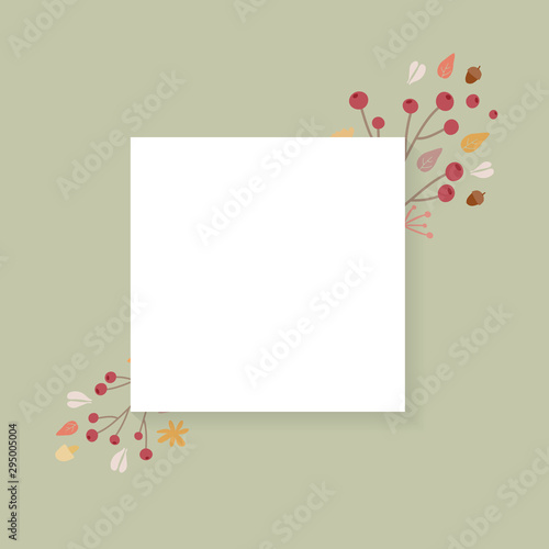 Autumn background. Hand drawn elements frame with autumnal colors on green background. Fruits, seeds, flowers, leaves, mushrooms, branch, acorns around a square. Vector illustration, flat design