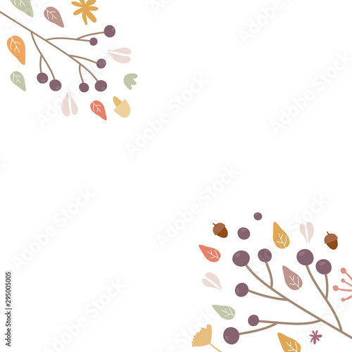 Autumn background. Hand drawn elements frame with autumnal colors on white background. Fruits, seeds, flowers, leaves, mushrooms, branch, acorns. Vector illustration, flat design