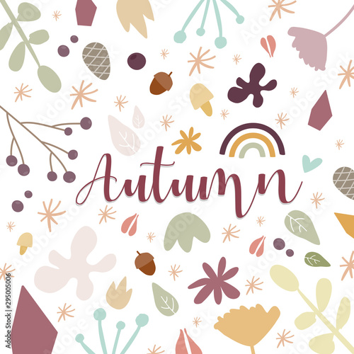 Autumn background. Hand drawn elements with autumnal colors on white background. Fruits, seeds, flowers, leaves, mushrooms, pinecones, branch, rainbow. Vector illustration, flat design