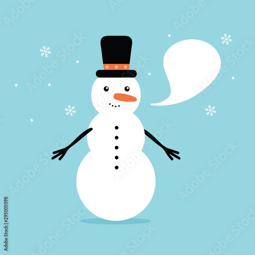 Cute cartoon vector illustration of snowman with speech bubble for winter, christmas design.