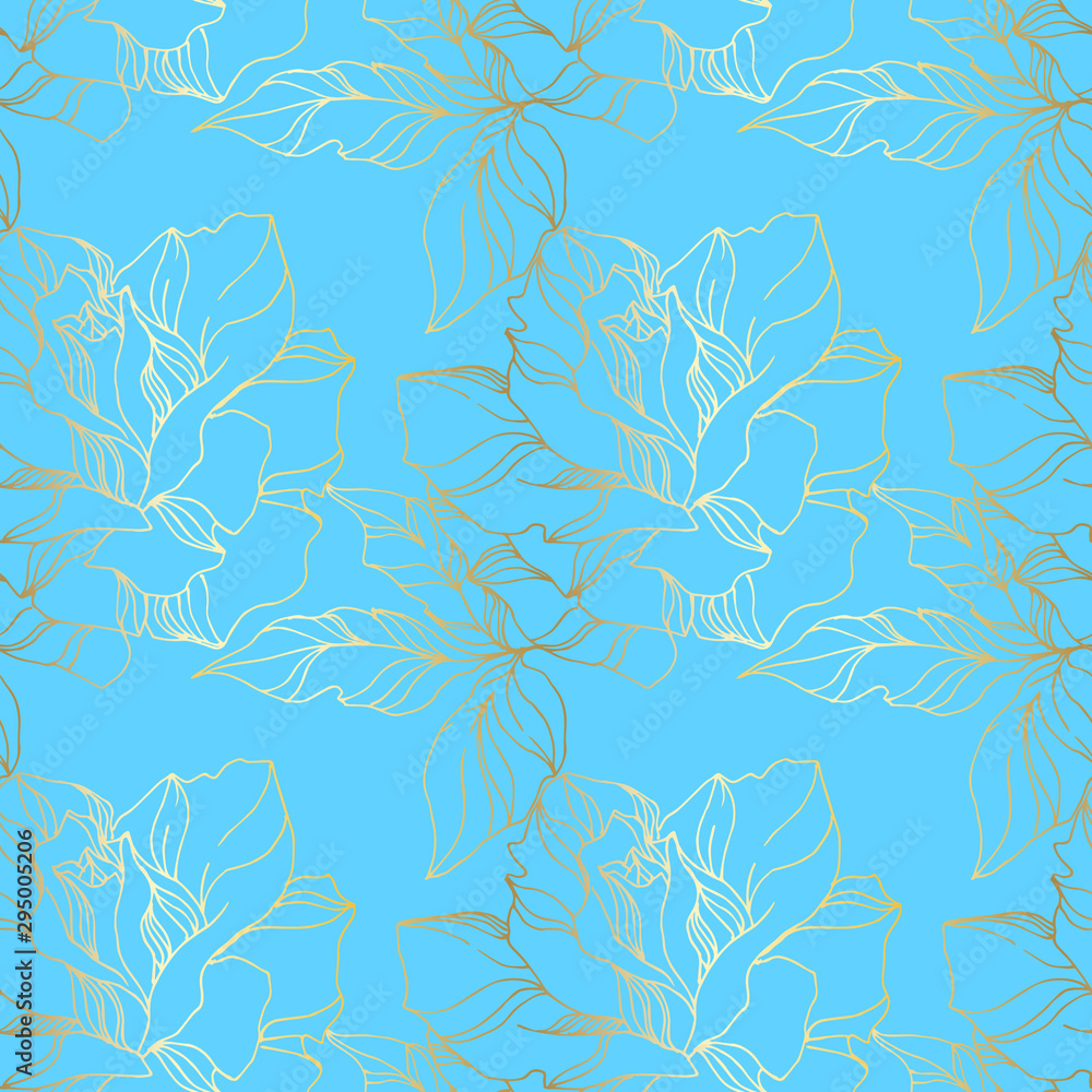 custom made wallpaper toronto digitalVector Rose floral botanical flowers. Blue and gold engraved ink art. Seamless background pattern.