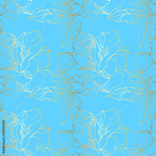 Vector Rose floral botanical flowers. Blue and gold engraved ink art. Seamless background pattern.