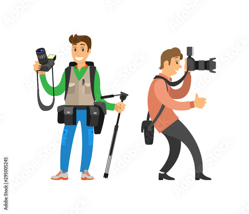 Paparazzi journalist making photos isolated. Photographer freelance men taking pictures, vector characters with modern digital cameras, tripod equipment
