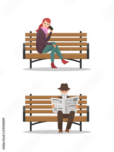 Old person reading newspaper and lady sitting on bench talking on phone set isolated vector. Daily publication, people relaxing, woman communicating