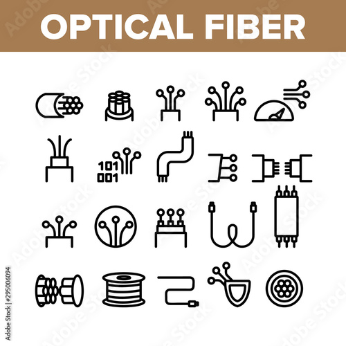 Optical Fiber Collection Elements Icons Set Vector Thin Line. Network Connection, Computer Wire, Cable Bobbin Fiber And Data Transfer Concept Linear Pictograms. Monochrome Contour Illustrations