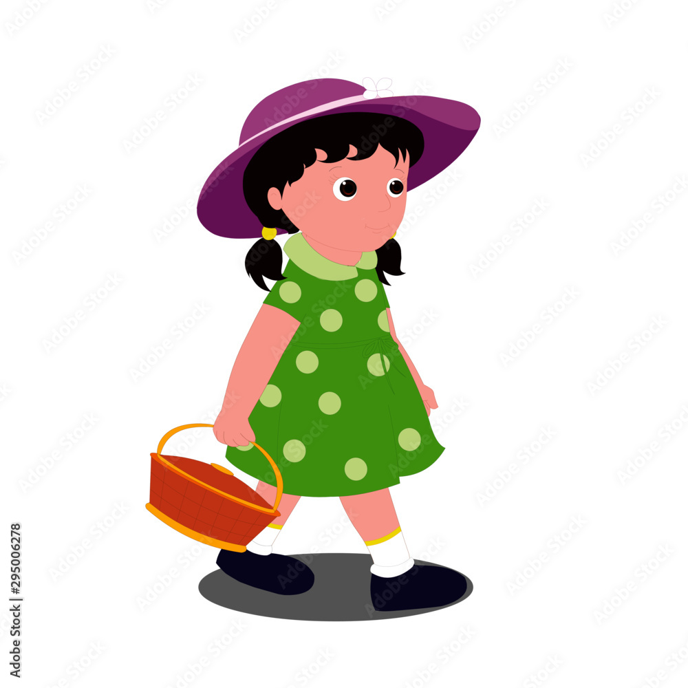 Girl with Polka Dress, Basket and Hat - Cartoon Vector Image