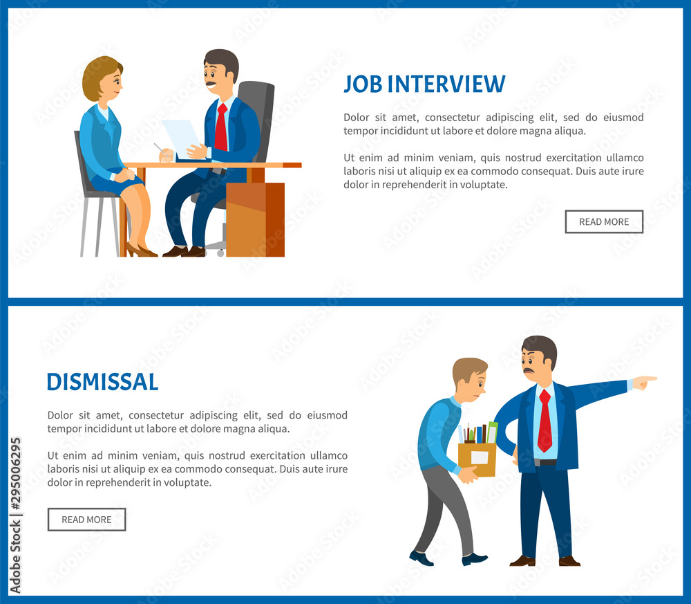 Job interview and dismissal of worker vector web poster. Boss in suit and mustaches dismissing employee with box. Executive manager and bad executor Job interview and dismissal of worker vector web poster. Boss in suit and mustaches dismissing employee with box. Executive manager and bad executor