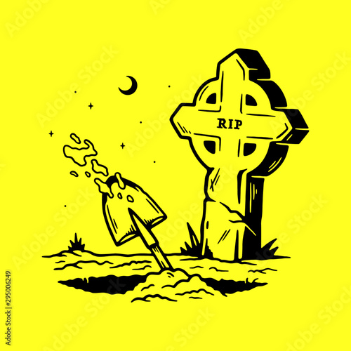 MAN DIGS A GRAVE IN A CEMETERY YELLOW BACKGROUND