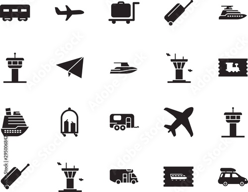 holiday vector icon set such as: camp, motorhome, mobile, origami, outdoor, family, pictogram, toy, mail, circle, way, express, track, traveler, speed, railroad, carriage, roof, ship, leisure, liner