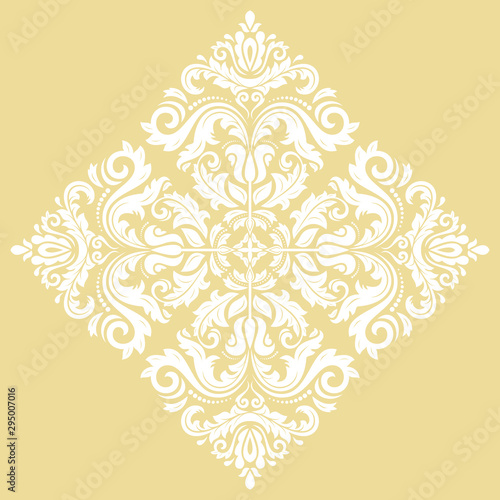 Oriental vector pattern with white arabesques and floral elements. Traditional classic ornament. Vintage white pattern with arabesques