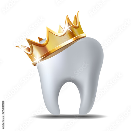 Realistic white Tooth in golden crown isolated on white