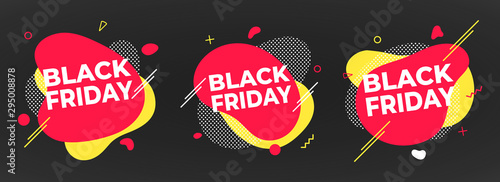 3 Black friday poster or banner design template vector illustration. Sale shopping discount banner for web or store discount clearance concept with simple shapes isolated on dark background.