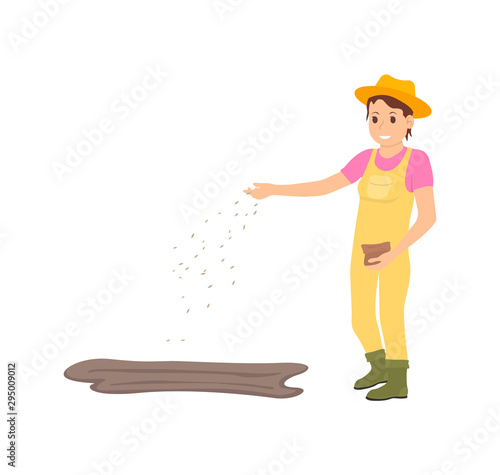 Farmer farming woman sowing seeds from bag, isolated icon vector. Smiling female working on land, growing plants on fertile soil, agronomist lady