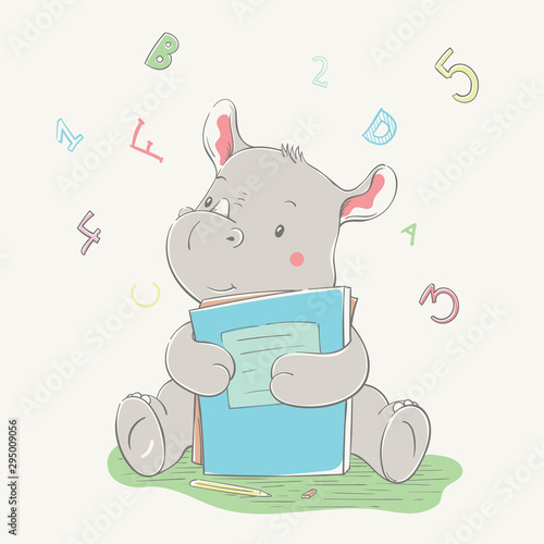 Lovely cute rhino sits and hugs books. Series of school children's card with cartoon style animal.