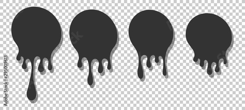Dripping round paint set, liquid ink splash and drops. Melted circle vector image.