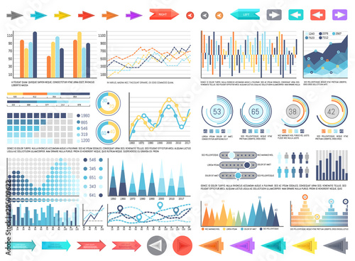 Charts and pie diagrams with numbers information vector. Pointers and schemes data, flowcharts with timelines analysis and results yearly comparison