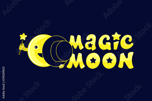 Moon phases, kawaii moon and magic show with magic hat. Cute comic with a waning moon and a waning moon. Vector illustration on a black background.