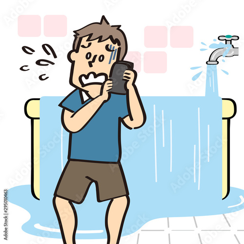 風呂場の蛇口が壊れて浴槽から水があふれて困って業者に電話している男性