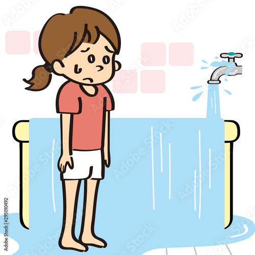 風呂場の蛇口が開けっぱなしで浴槽から水があふれている様子を呆然と見ている女性