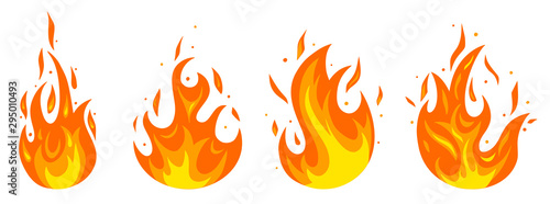 Set of different fires in cartoon style. Collection of red, orange flames. Danger situation and problems concept.