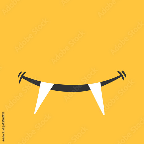 Smile of vampire on yellow background. Cute emotion in cartoon style. Good mood, happiness doodle.