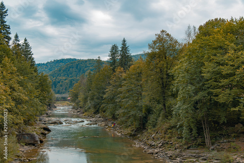 highland mountain forest dramatic landscape picture with river stream in October autumn cloudy weather time and brown green foliage 