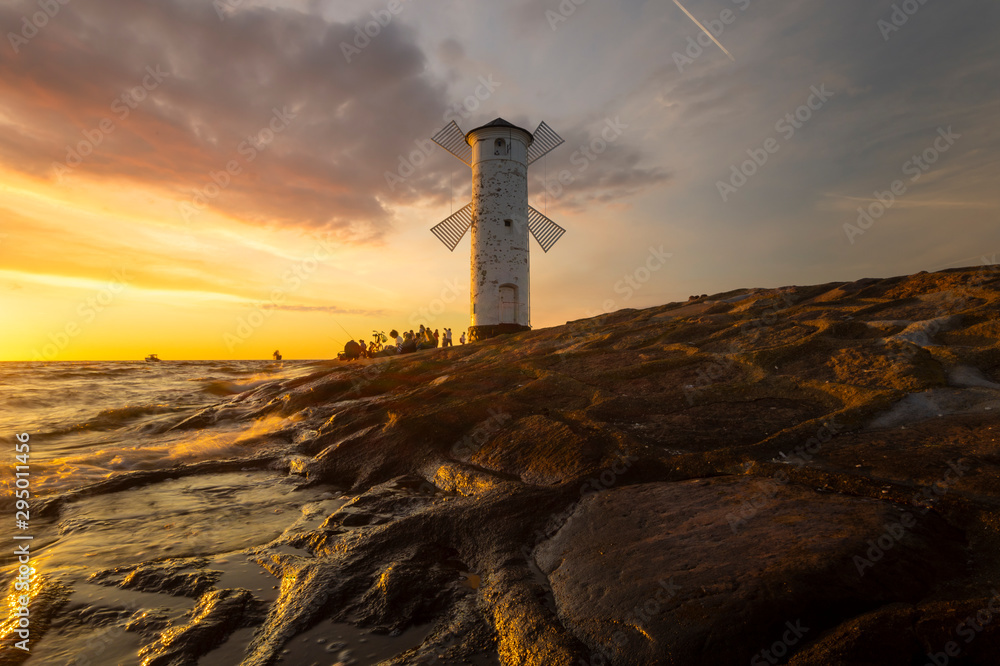 navigation sign in the shape of a white windmill-Swinoujscie, Baltic Sea