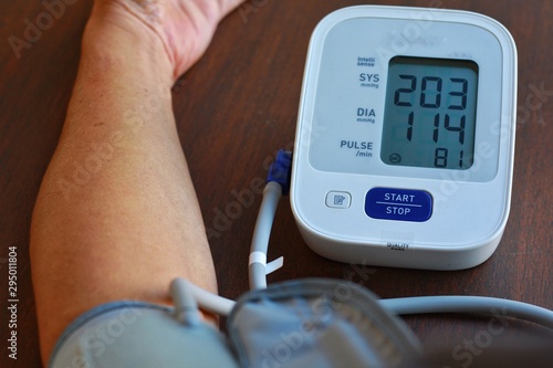 Health check blood pressure and heart rate at home with digital pressure found very high blood pressure test results.Hypertesive Urgency.Need some medicine.Health and Medical concept.